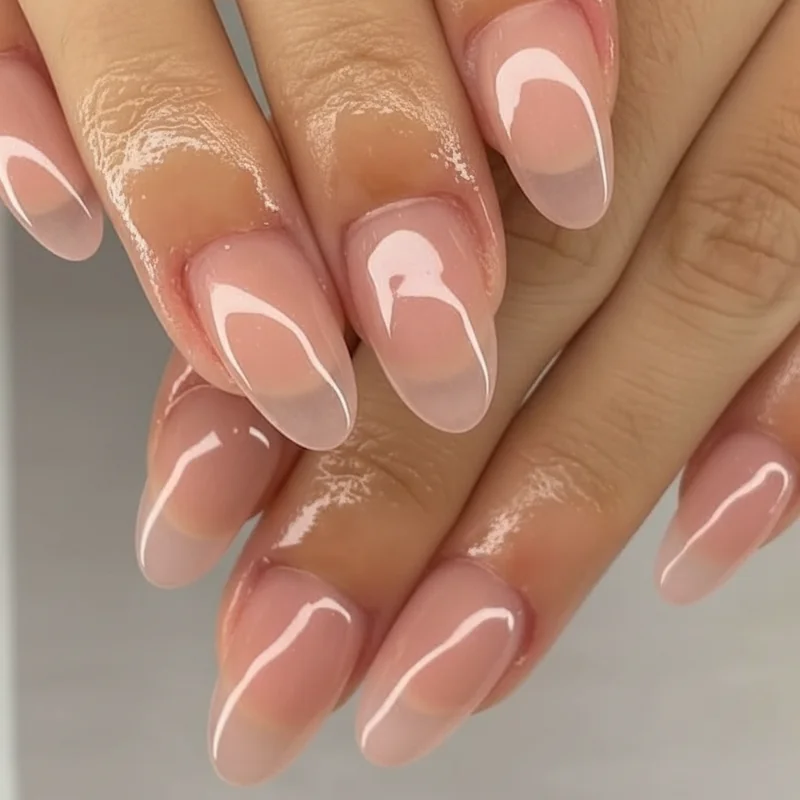 Soap nails spring 2026 showing milky sheer babydoll pink translucent gel finish on short almond nails with wet luminous effect