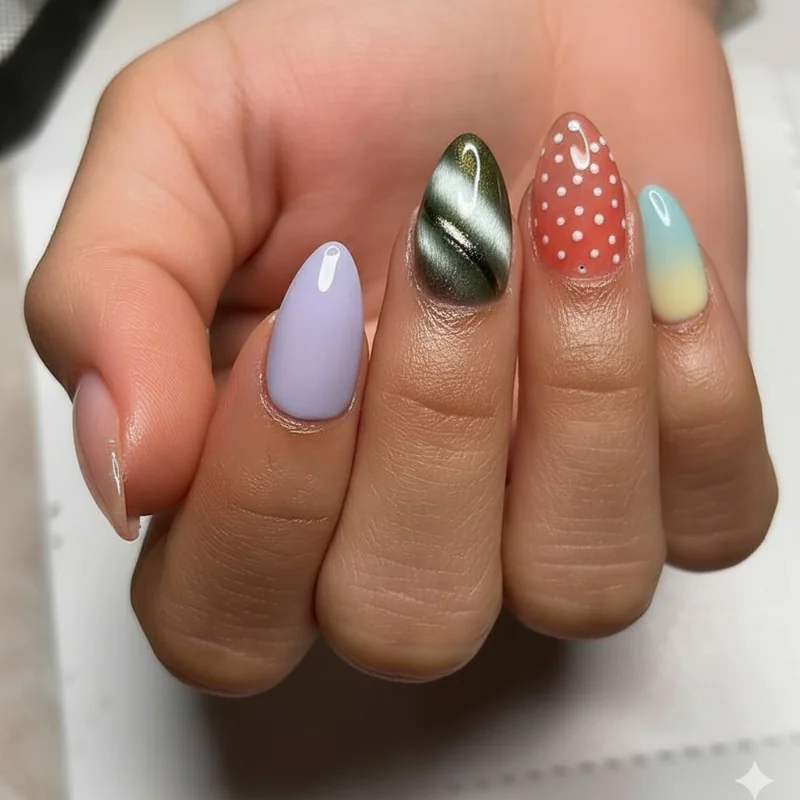 Spring nail trends 2026 salon versus DIY guide showing BIAB cat eye magnet and polka dot dotting tool home technique comparison
