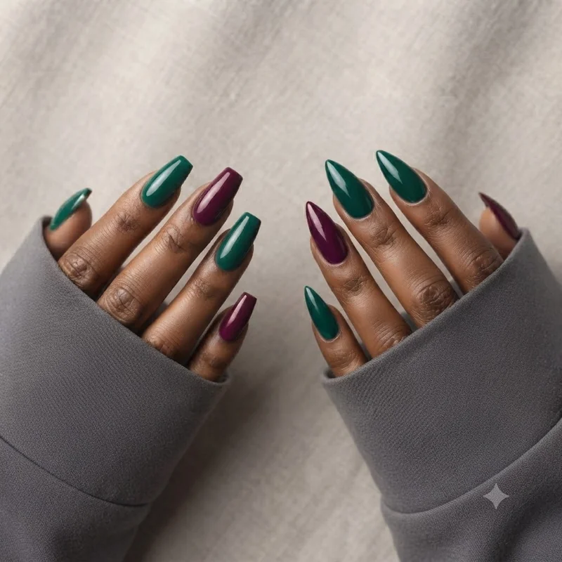 Deep emerald and plum jewel tone stiletto nails styled elegantly showing rich saturation on dark skin