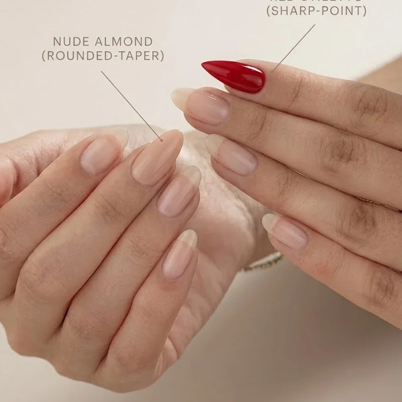 Infographic comparing stiletto sharp point nail shape against almond rounded taper shape