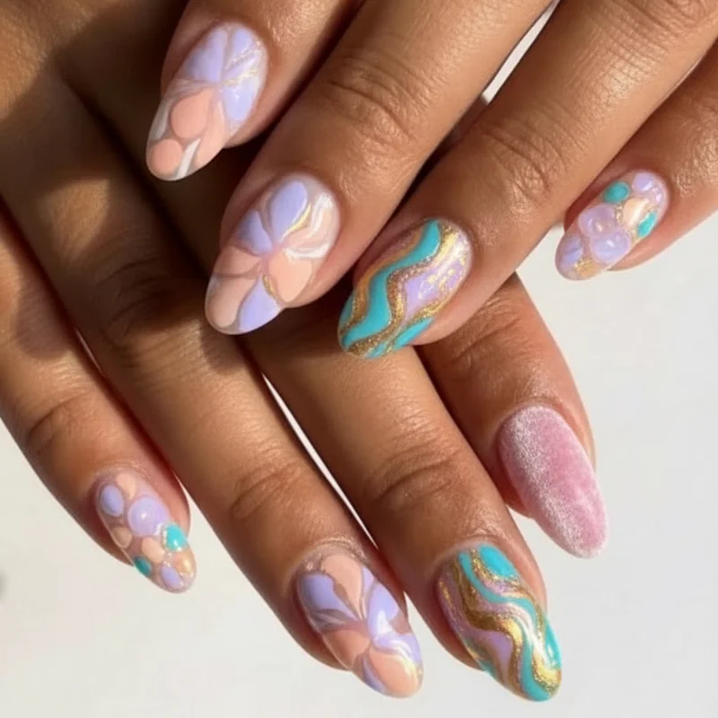 2026 summer nail art design overview showing blooming gel watercolour floral and sculptural 3D technique examples on rounded nail shapes