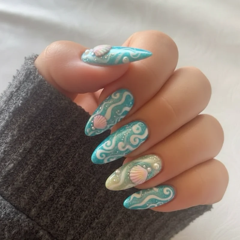 Blooming gel technique showing ink diffusion effect alongside watercolour wash nails and Mediterranean tile geometric pattern nail art 2026