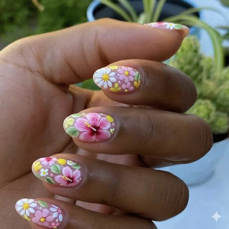 Floral nail art summer styles showing daisy dotting tool technique hibiscus liner brush work and 3D sculpted gel bloom on neutral base