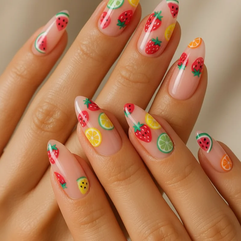 Fruit nail art summer featuring watermelon gradient ombre strawberry seed detail lemon slice motif and micro cherry fruit nail designs