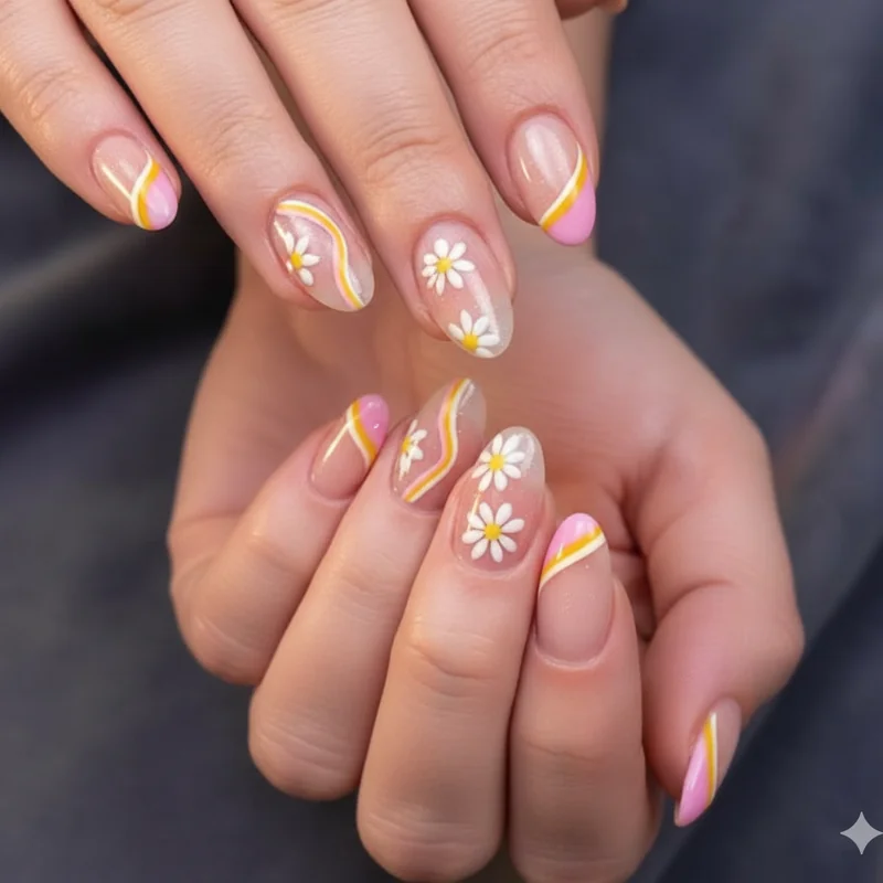 Nail art top coat application demonstrating precise free edge sealing method for extending summer nail art durability in chlorine and saltwater