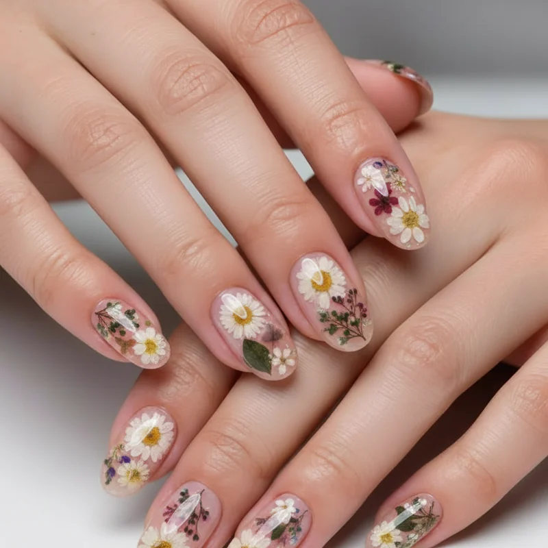 Pressed flower nails using dried chamomile and lavender botanicals sealed under clear gel top coat for natural summer manicure texture