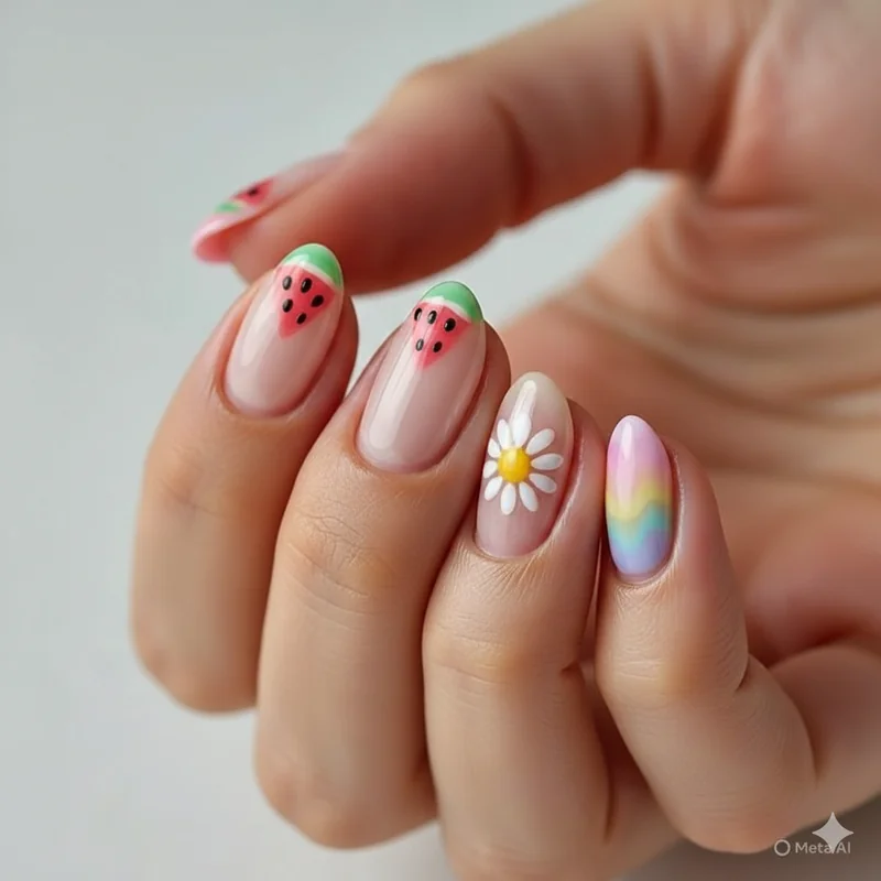 Short nails summer nail art showing single focus designs including daisy accent nail watermelon gradient and blooming gel wash on short square shapes