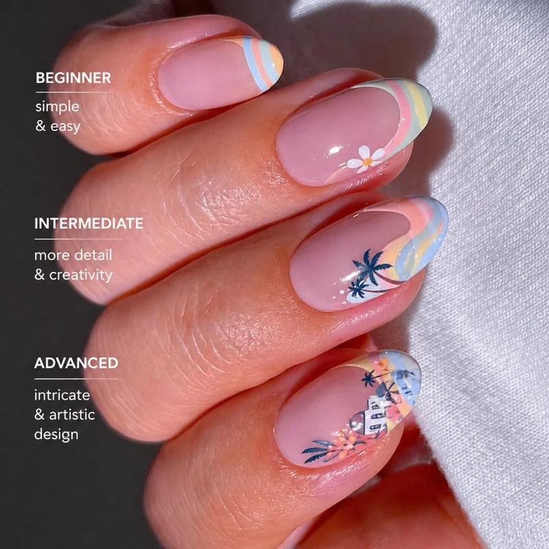 Summer nail art skill level comparison showing beginner daisy and watermelon designs intermediate hibiscus wave art and advanced 3D sculpted floral sets