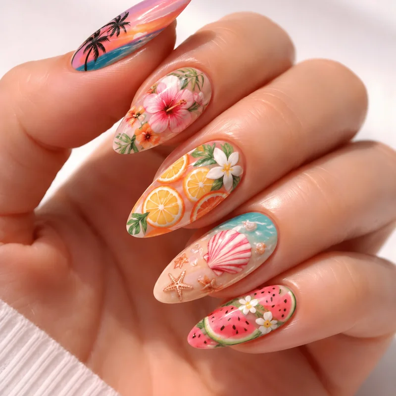 Complete summer nail art designs 2026 editorial showing floral fruit coastal and watercolour styles as finished manicure looks on diverse nail shapes