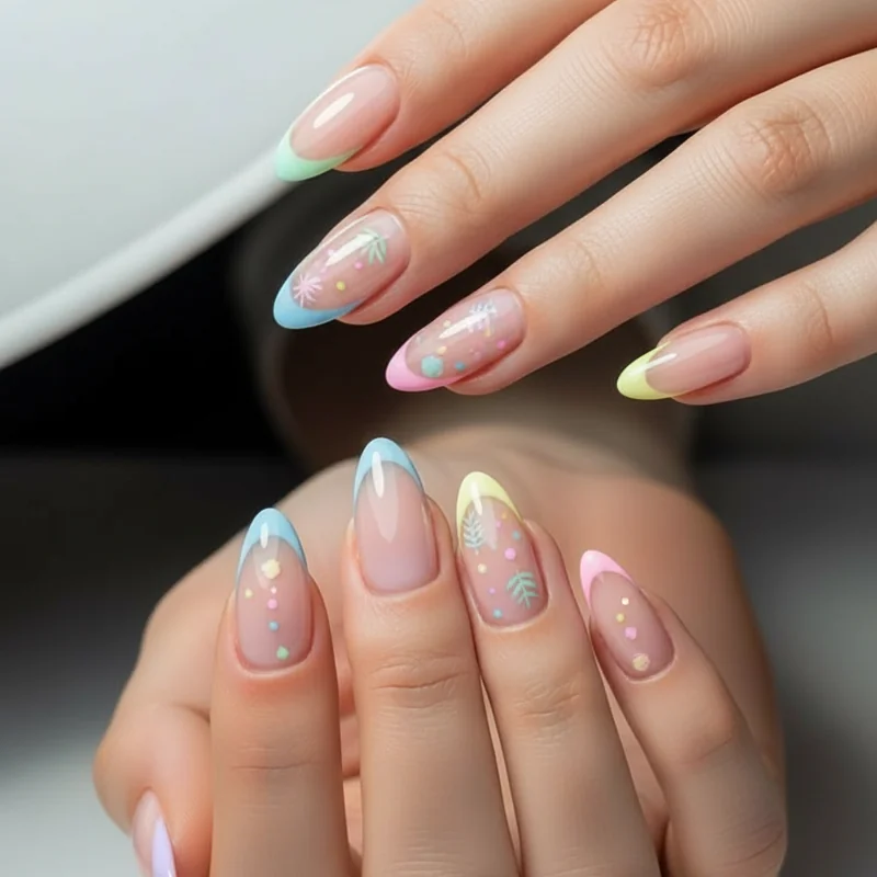 Summer nail art longevity showing proper top coat sealing technique at free nail edge and gel encapsulation for pool saltwater and heat protection
