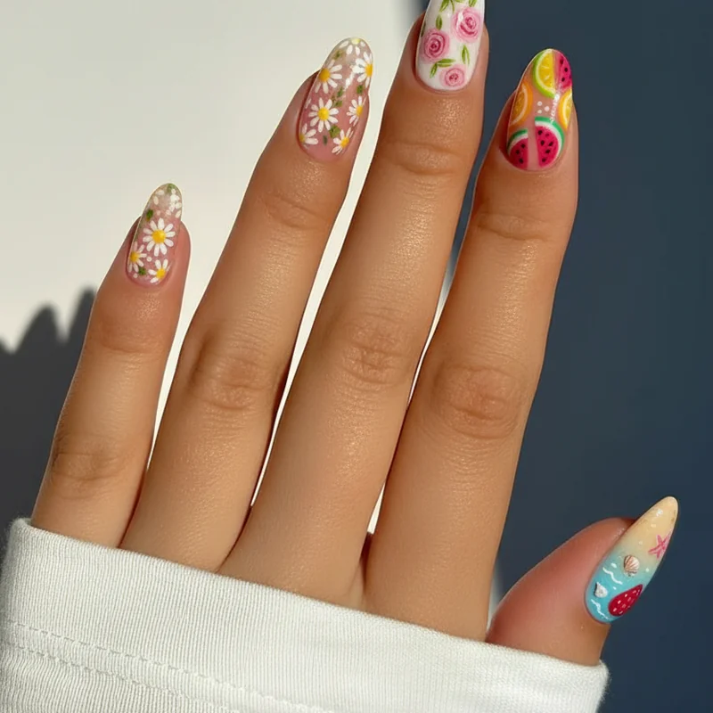 Summer nail art vibe selection guide showing floral blooming gel fruit watermelon coastal wave options organised by occasion and skill level