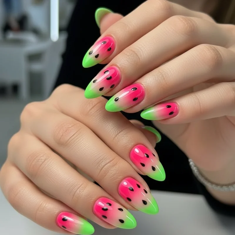 Watermelon nail art showing ombre sponge gradient blending coral pink into dark green with tiny black seed details on short square nails