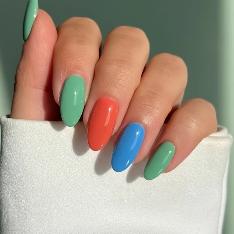Summer nail colour swatches for 2026 showing jade green persimmon orange cornflower blue and milky white on neutral background