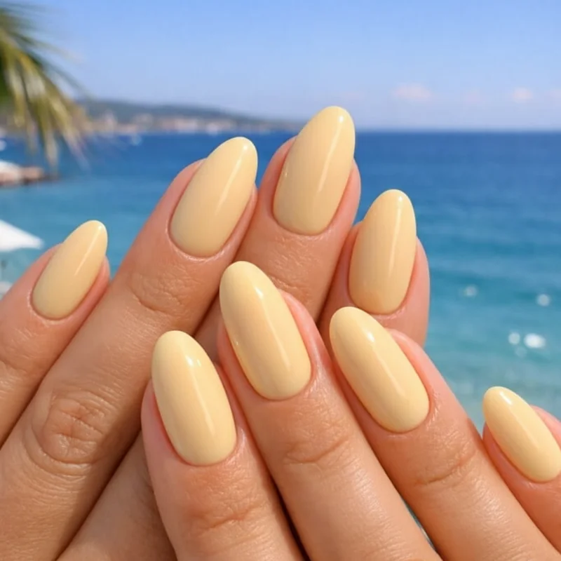 Butter yellow gel manicure summer 2026 warm vanilla tone with glossy finish on medium length nails trending 2026