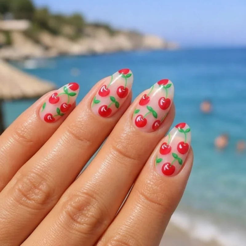 Cherry nail ideas summer 2026 graphic retro Y2K style with bold red cherries and green stems on a cream gel base