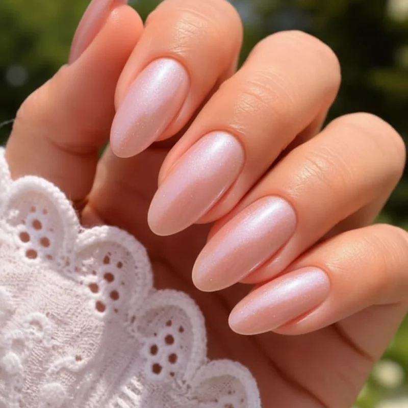Chrome nail ideas summer 2026 glazed pearl soft metallic finish on almond nails with a wearable luminous nail effect
