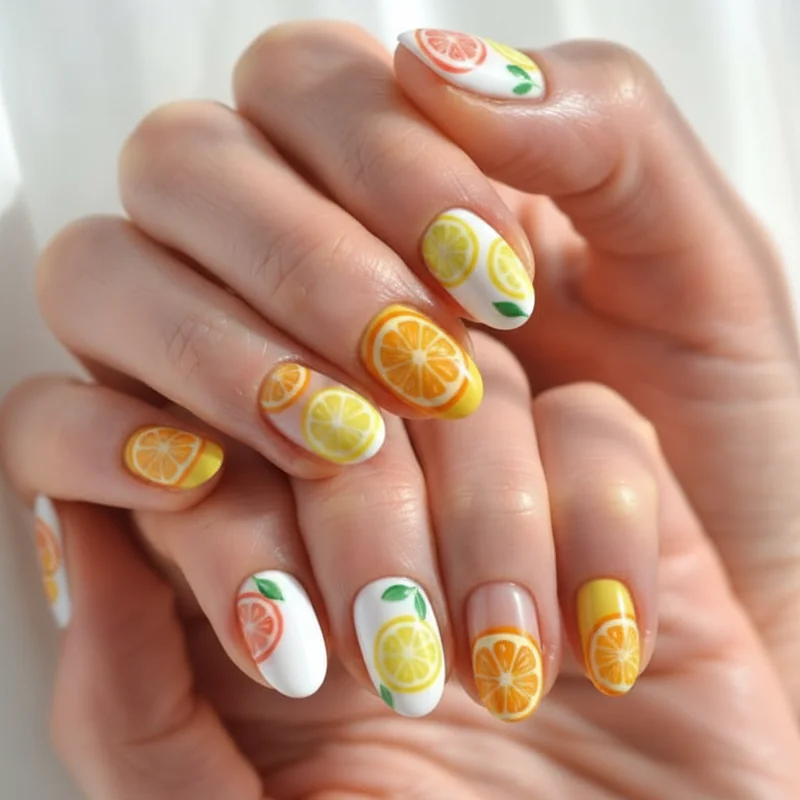 Citrus fruit nail designs summer 2026 lemon and orange slice print pattern on white and pale yellow base gel nails