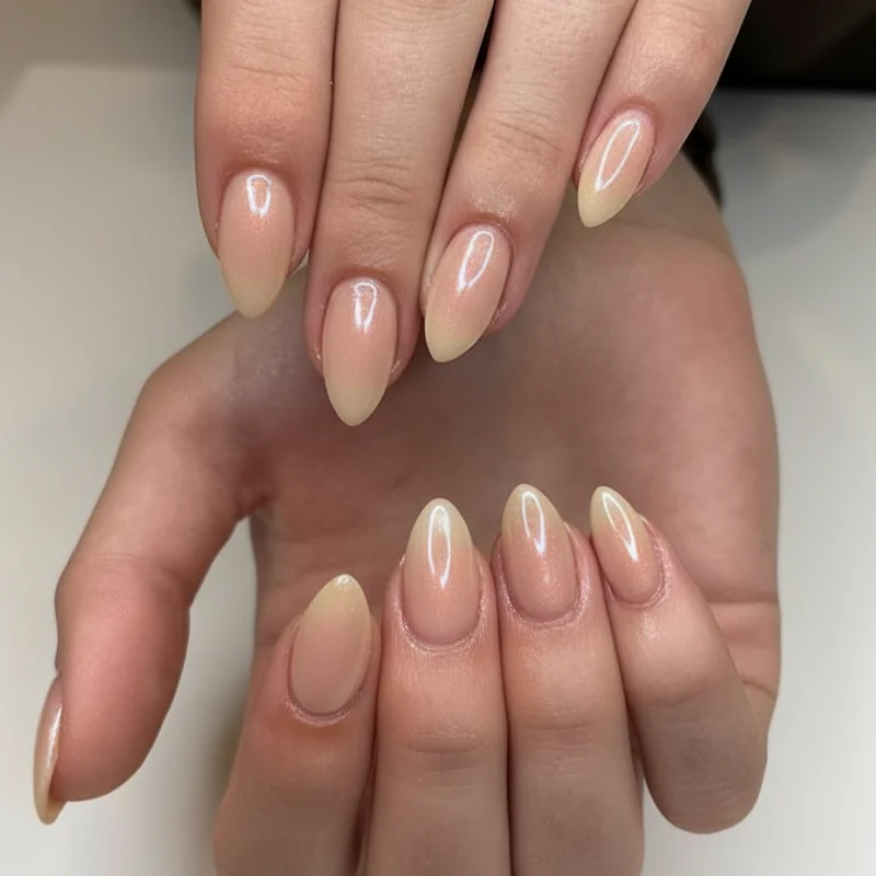 Clean girl nails summer 2026 minimalist glazed nude satin finish on squoval shape for a simple understated look