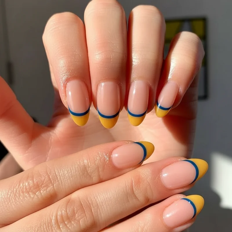Coloured French tip summer nails 2026 double line design in complementary shades and bold single colour on nude