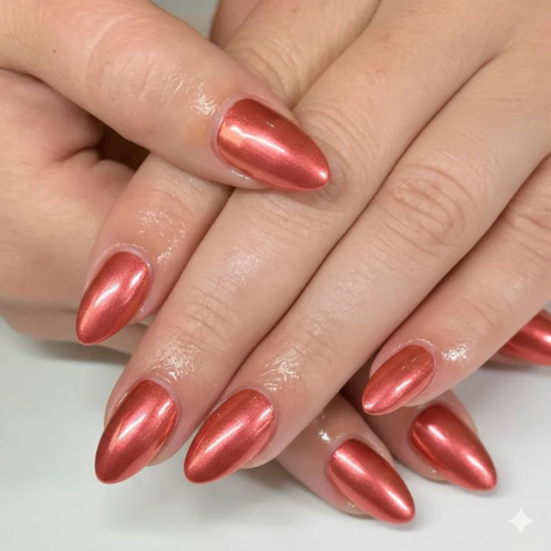 Coral chrome nails summer 2026 alongside rose gold and bronze metallic manicure ideas for warm skin tones vacation