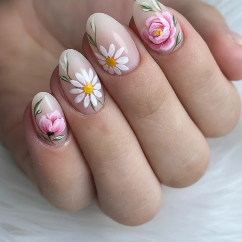 Floral nail ideas summer 2026 negative space single stem graphic daisy and peony designs on a sheer nude base nail