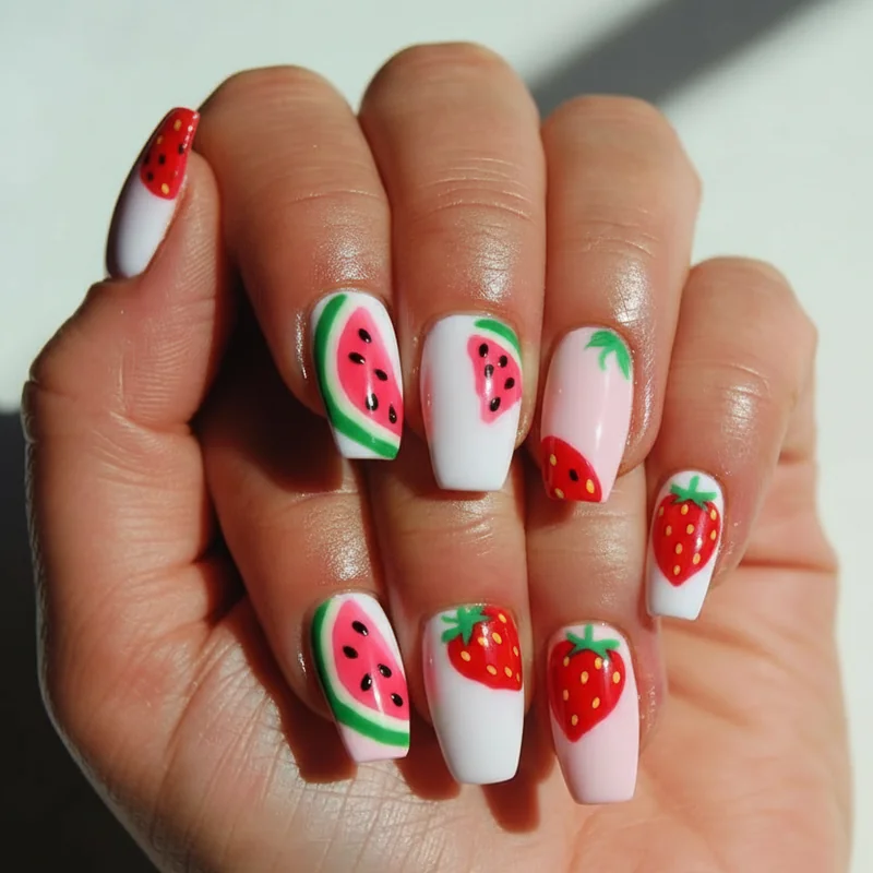 Fruit print nail ideas summer 2026 watermelon and strawberry graphic bold pattern on short and medium length nails