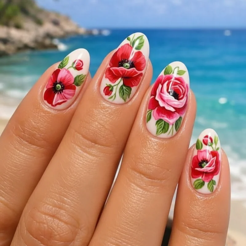 Graphic floral summer nails 2026 bold poppy and rose nail art with clean graphic lines on white and cream base