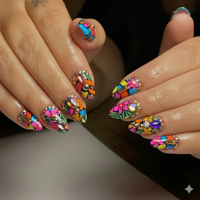 Maximalist summer nails 2026 3D gems and embellishments bold nail art with rhinestones on coffin and almond shape