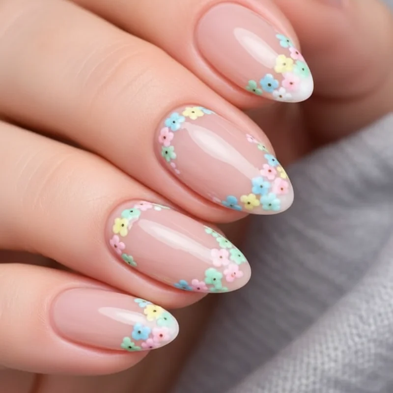 Micro floral French tip nails summer 2026 with scattered blossom cuticle line detail on natural and almond shapes
