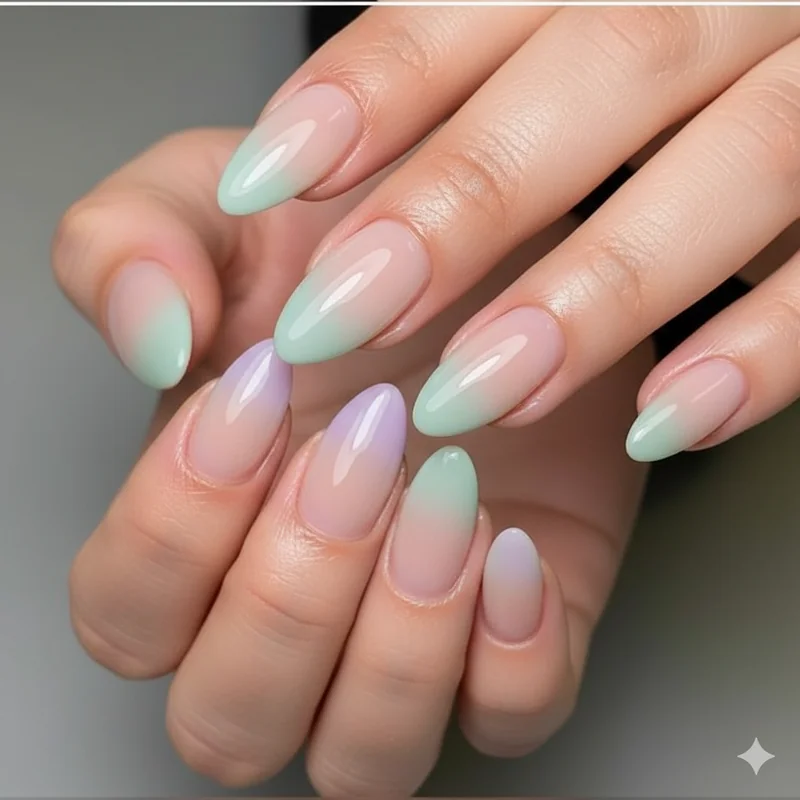 Soft pastel summer nails 2026 lavender mint and milky blush muted palette on short and medium nail lengths gel