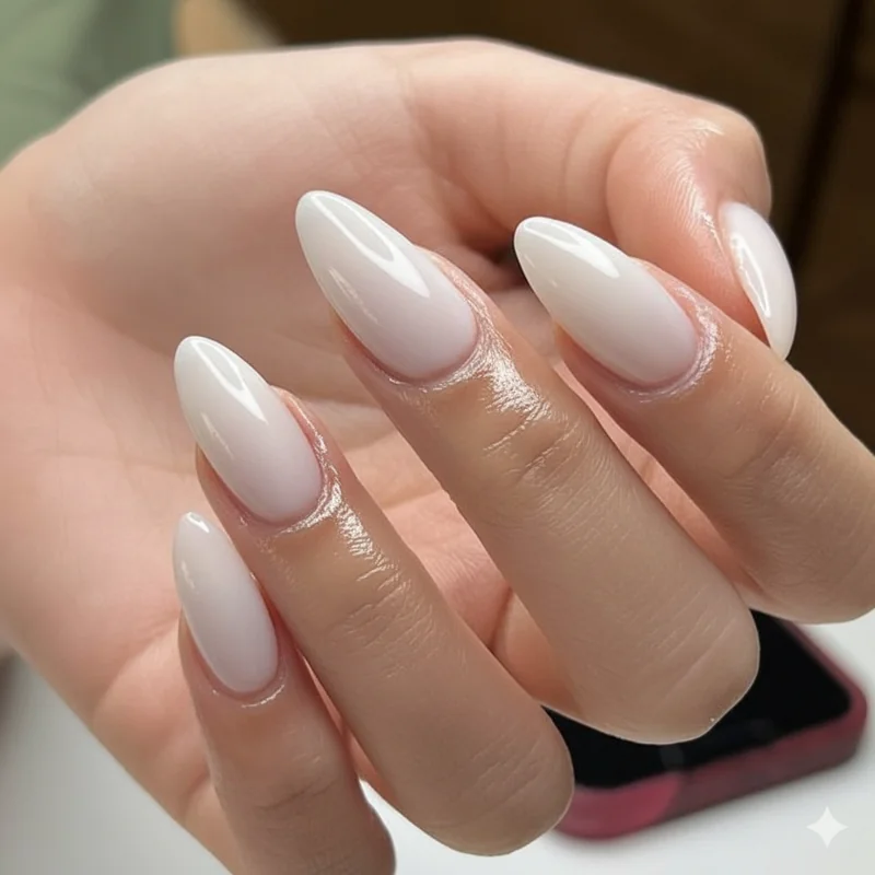 Summer 2026 nail aesthetic quiet luxury clean girl glazed finish on almond shape for a polished poolside nail look