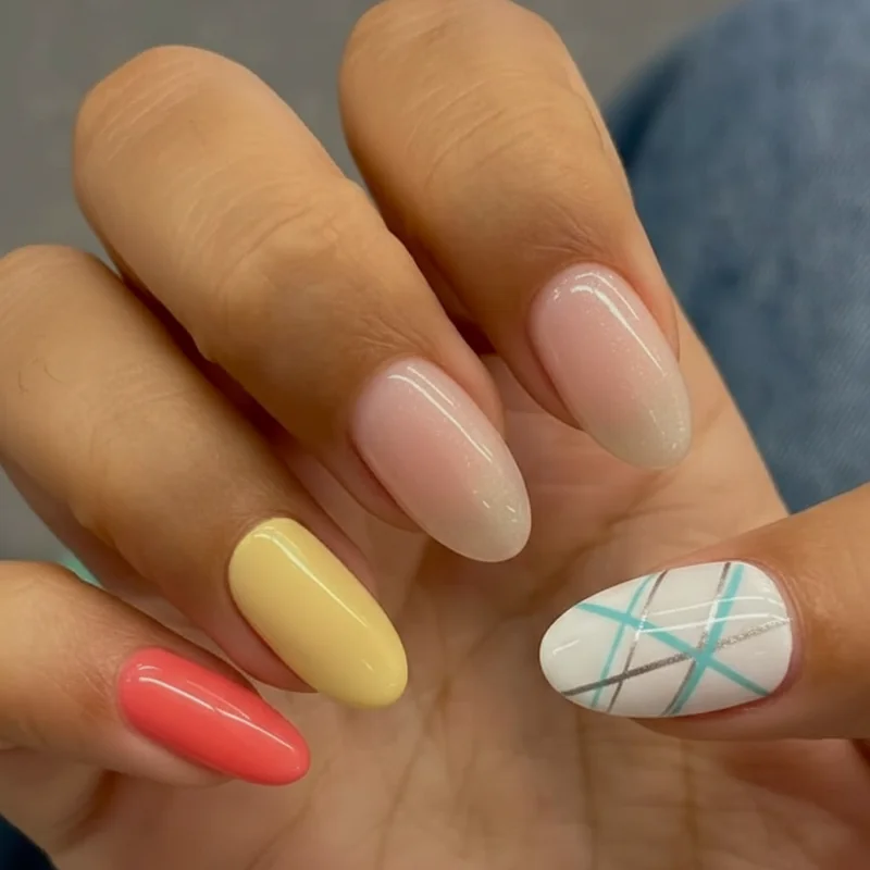 Summer nail idea vibe guide 2026 showing coral jelly butter yellow and graphic options for different occasions and styles