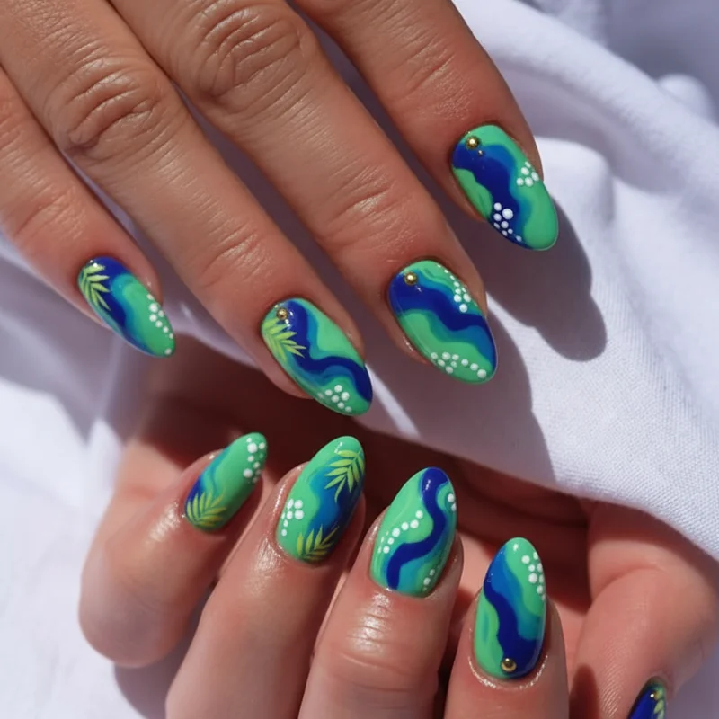 Tropical nail ideas summer 2026 jade green glossy and ocean blue holiday manicure for vacation and poolside wear