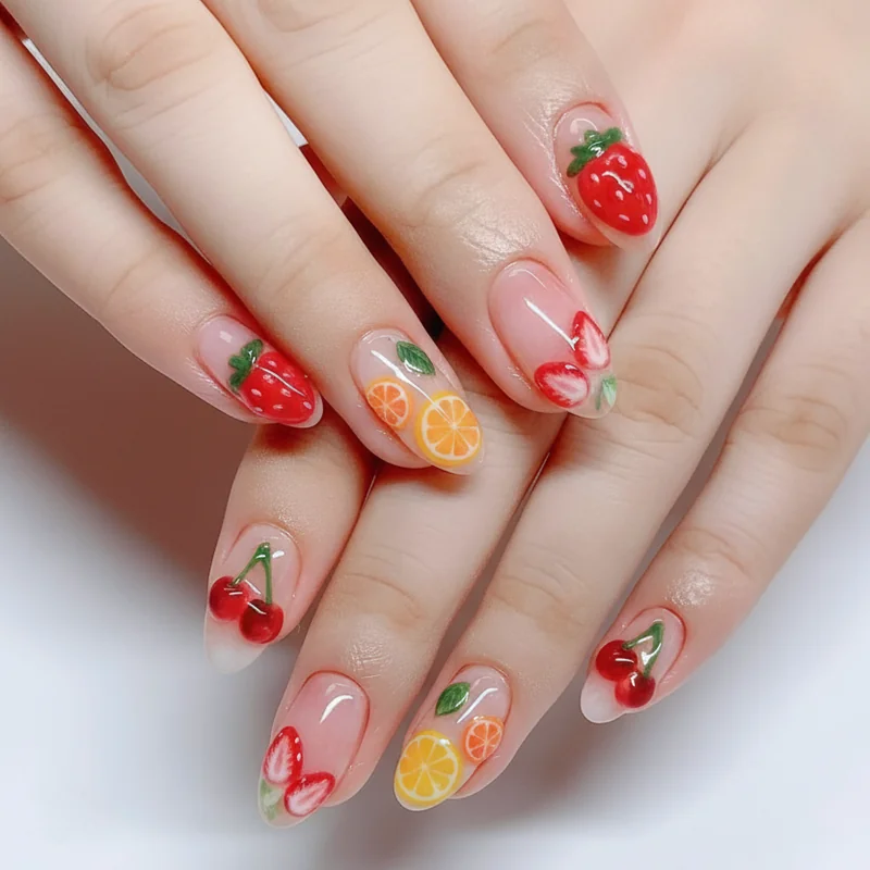 3D artisan fruit nail art hand-sculpted strawberry cherry and citrus slice in builder gel dimensional textured summer 2026 finish