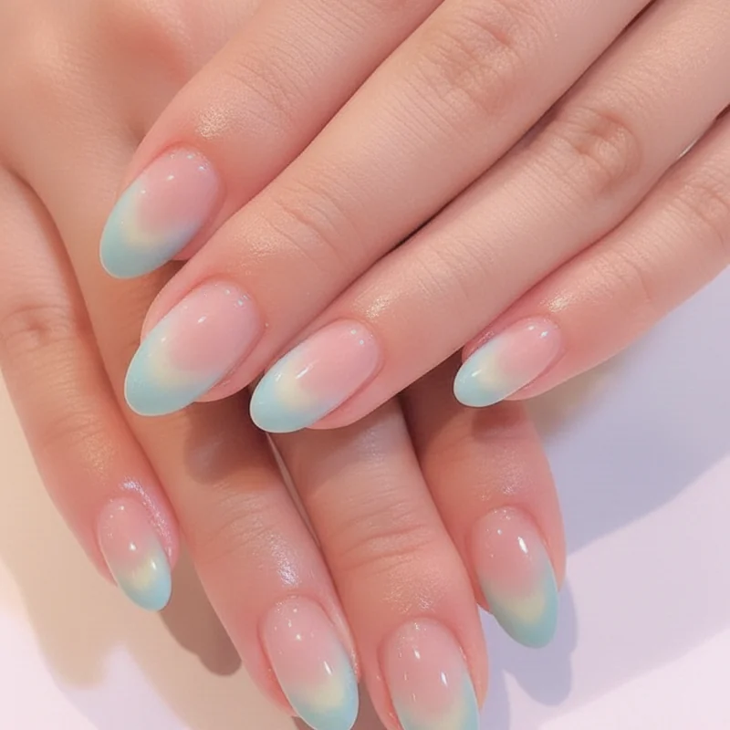 Aura nail blurred halo in light blue hazy pink and sunny yellow showing dreamy soft-focus summer 2026 nail technique close up
