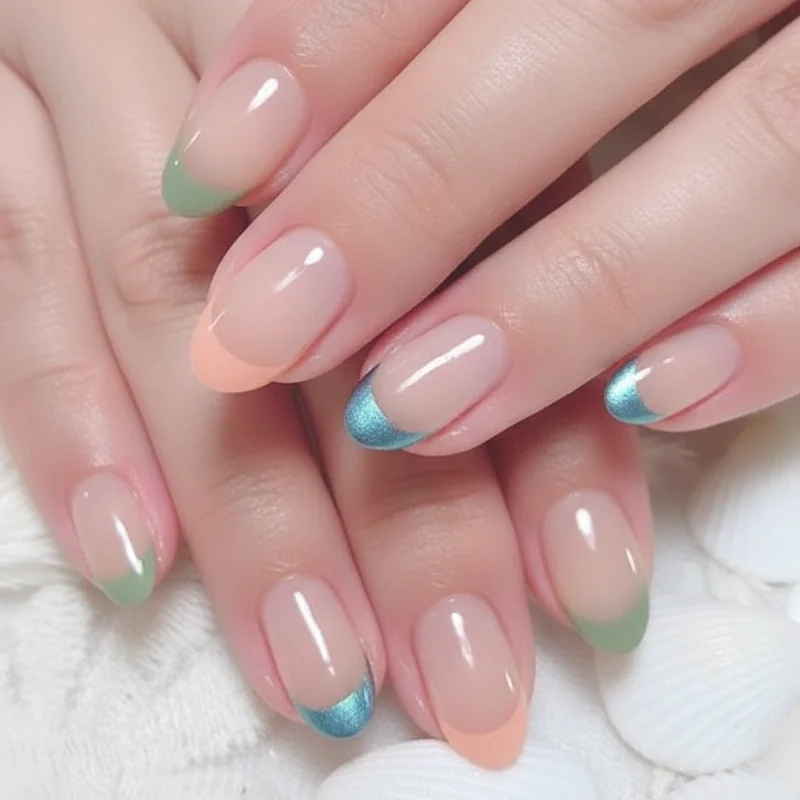 Evolved micro-French manicure ultra-thin coloured tips in sage green peach metallic and soft blue summer 2026 French update