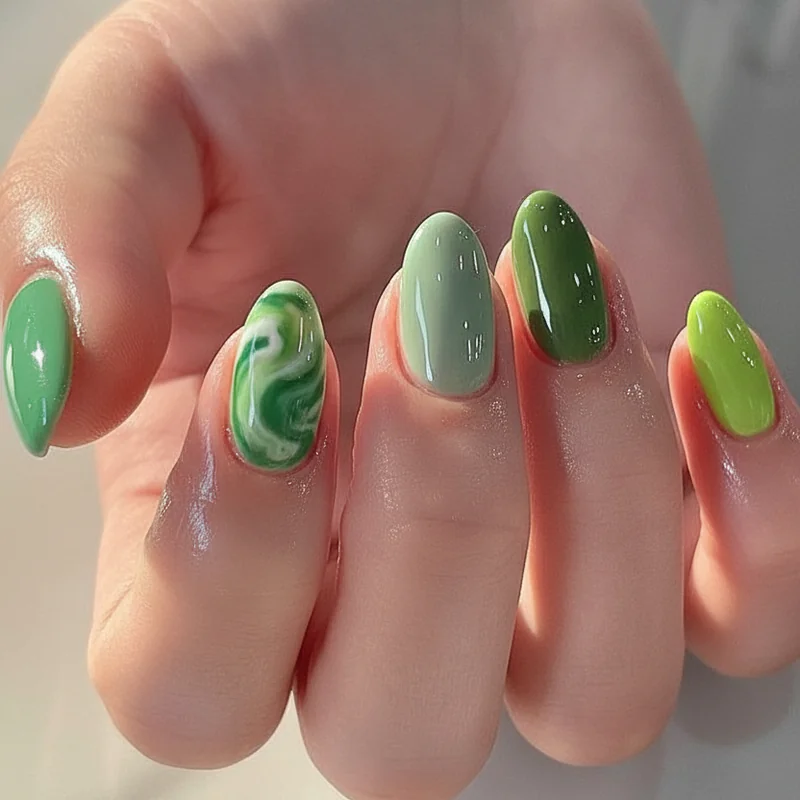 Jade marble sage olive and muted teal nail colour swatches on multiple skin tones for summer 2026 nail colour trends comparison
