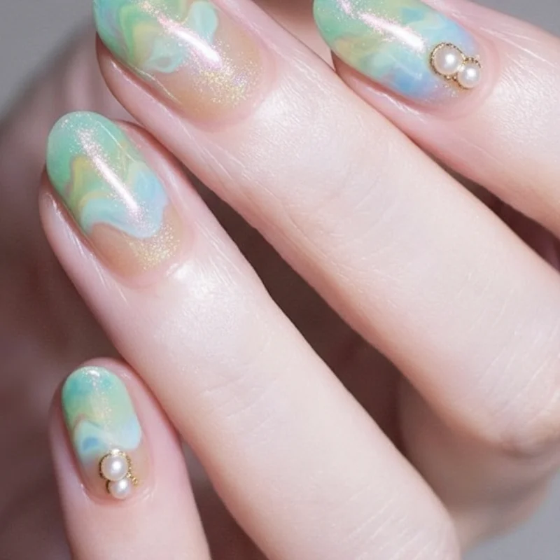 Ocean coastal nail art sea foam swirl mermaid iridescent layering oyster pearl shell finish blue green summer 2026 manicure