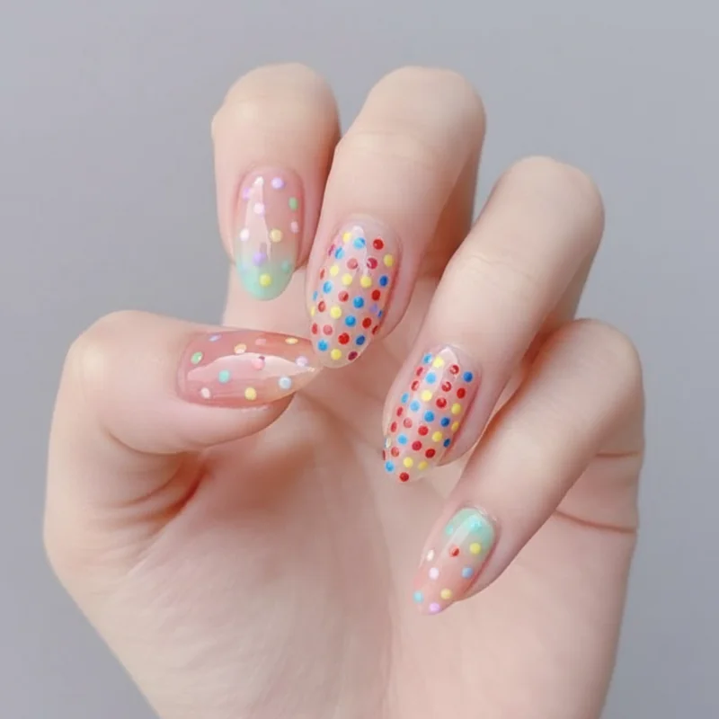 Polka dot nail art micro dots on sheer pastel base and bold graphic dot placement retro modern summer 2026 manicure design