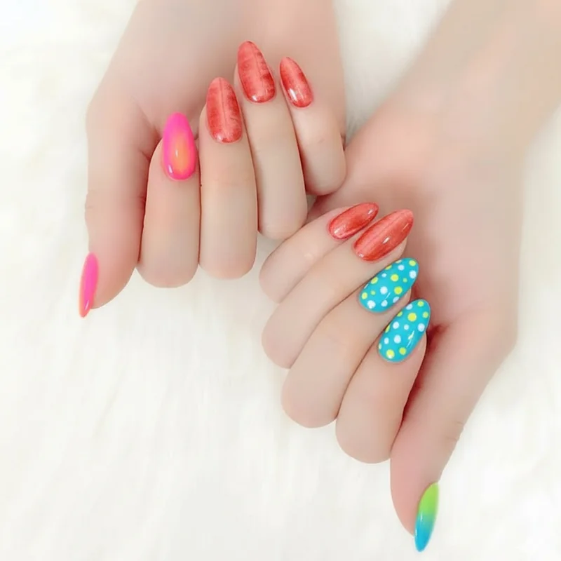 Summer 2026 nail trends collage showing aura velvet cat eye persimmon and polka dot seasonal manicure styles flat lay