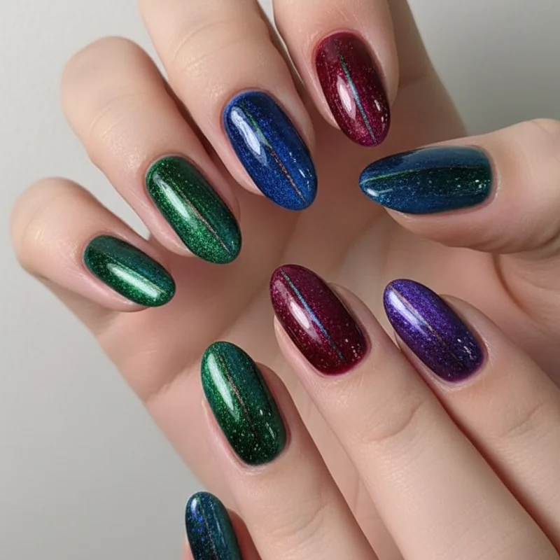 Velvet cat eye magnetic gel nail crushed iridescent shimmer across full nail surface deep jewel tone summer 2026 finish