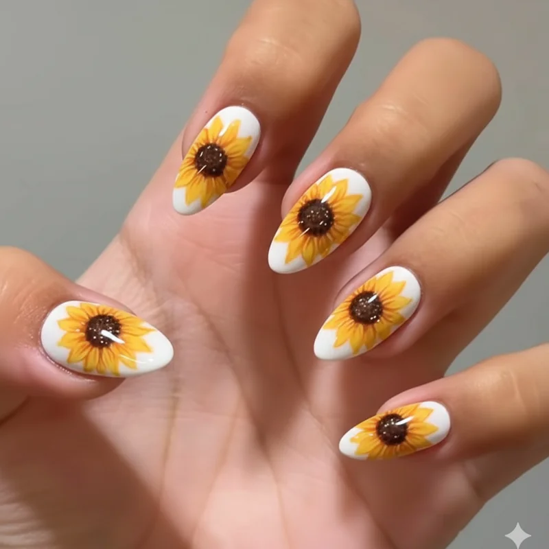Cottagecore sunflower nails earthy matte scattered blooms versus boho abstract design with mixed motifs and gold foil details