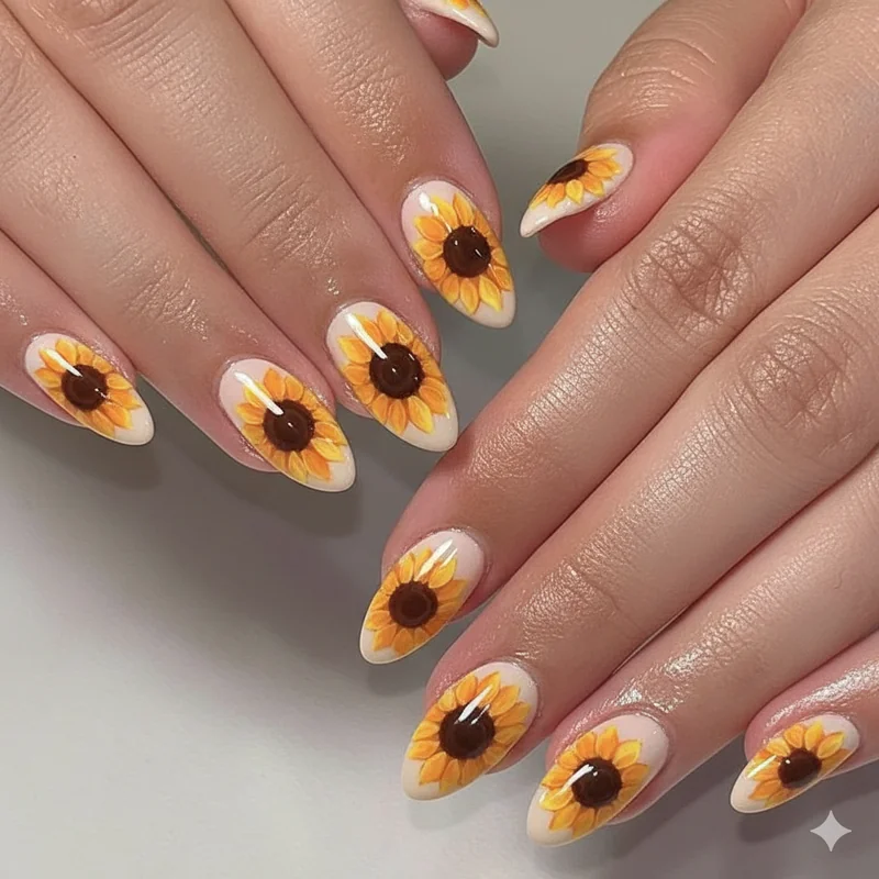 Sunflower nail art on almond oval coffin squoval shapes comparing how each nail shape shifts the editorial register of design
