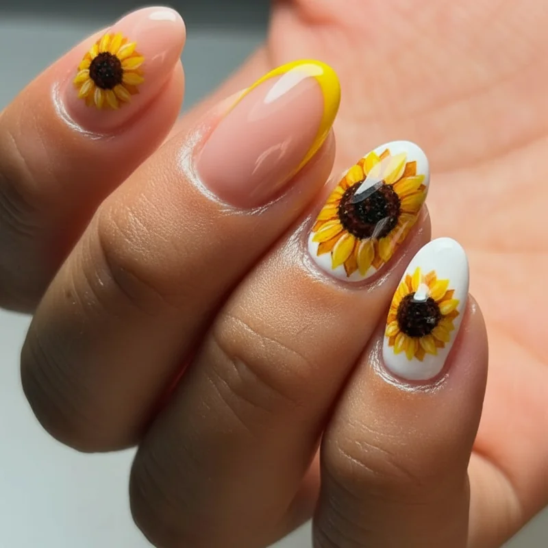 Sunflower nail art spectrum from single accent and French tip through hand-painted cottagecore full set to 3D sculpted gel