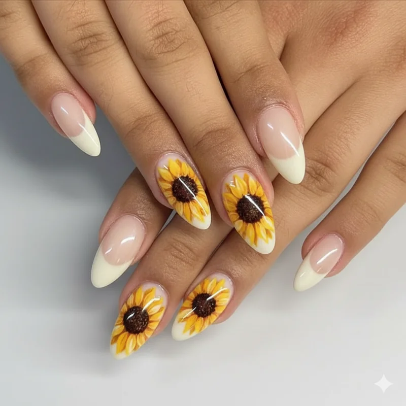 Sunflower nail art 2026 botanical garden aesthetic yellow petals deep brown gold centres in close-up editorial detail shot