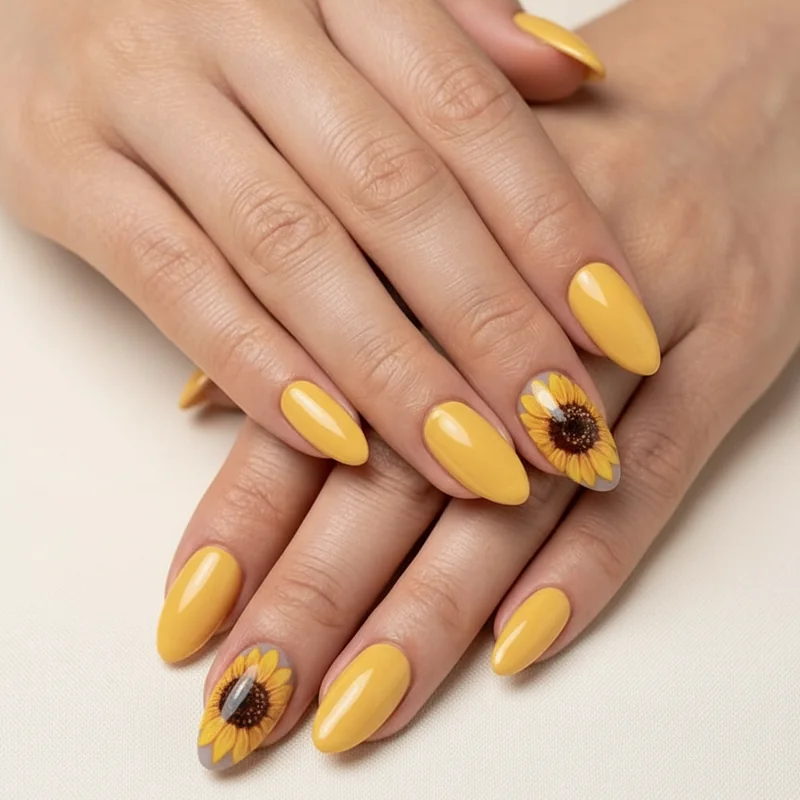 Sunflower nails on short almond oval nails single accent bloom and cuticle placement design as considered editorial choices