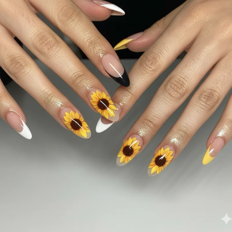 Sunflower nails summer 2026 golden hour hand-painted full set showing warm yellow petals brown centres in close-up editorial