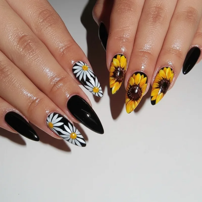 Sunflower nails versus daisy nails bold yellow petals deep brown gold centre against soft delicate micro daisy floral art