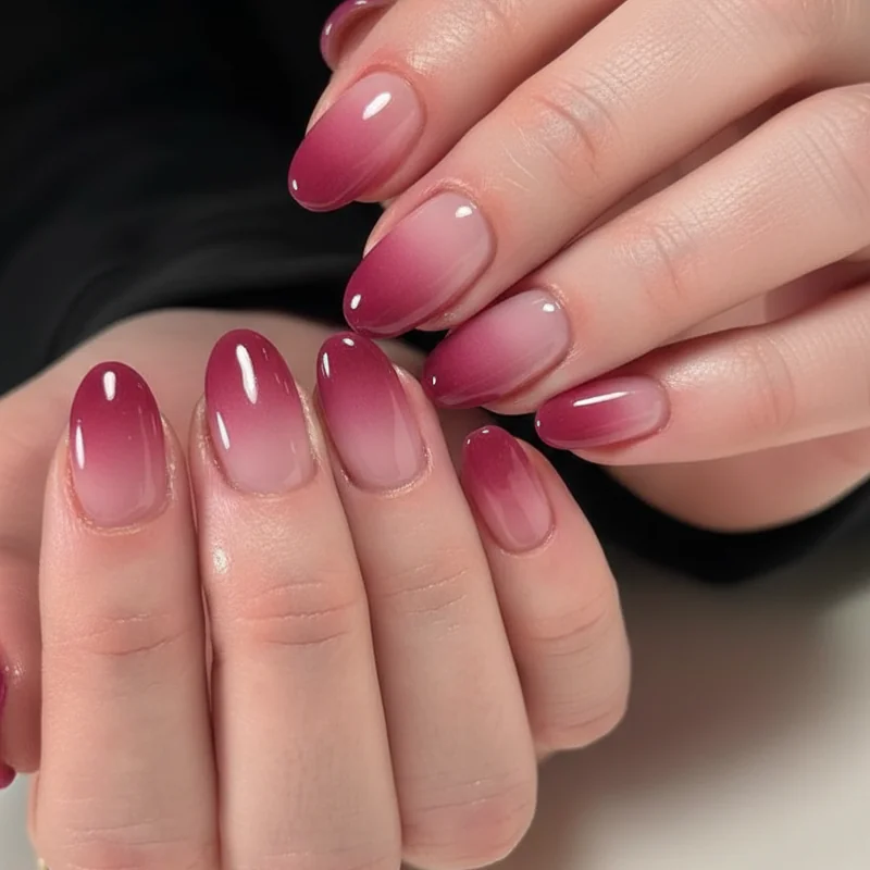 Step by step syrup gel nail application showing cuticle to tip gradient layering technique with concentration at free edge for pooled finish