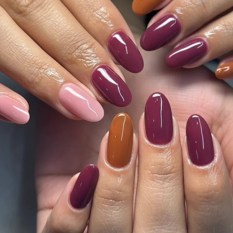 Syrup nail colour swatches for different skin tones showing sheer pink caramel berry and deep plum options for fair medium and deep complexions